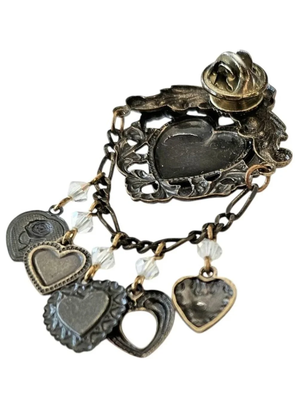 Heart Shield Pin Brass Chatelaine Style AB Rhinestone Dangle Lapel Tack, J24